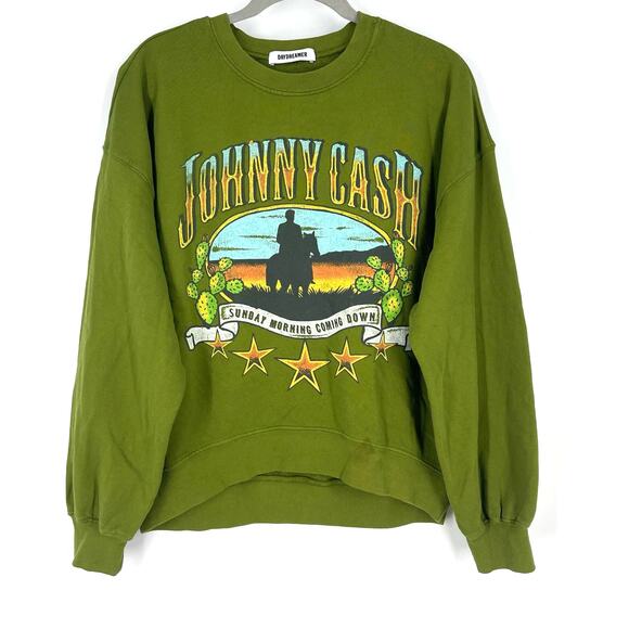 Daydreamer Tops - Daydreamer Johnny Cash Sunday Morning Coming Down Crew Sweatshirt Green Small